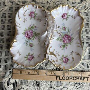Flowered Floral Roses Porcelain Trinket Dish Gilt Handle